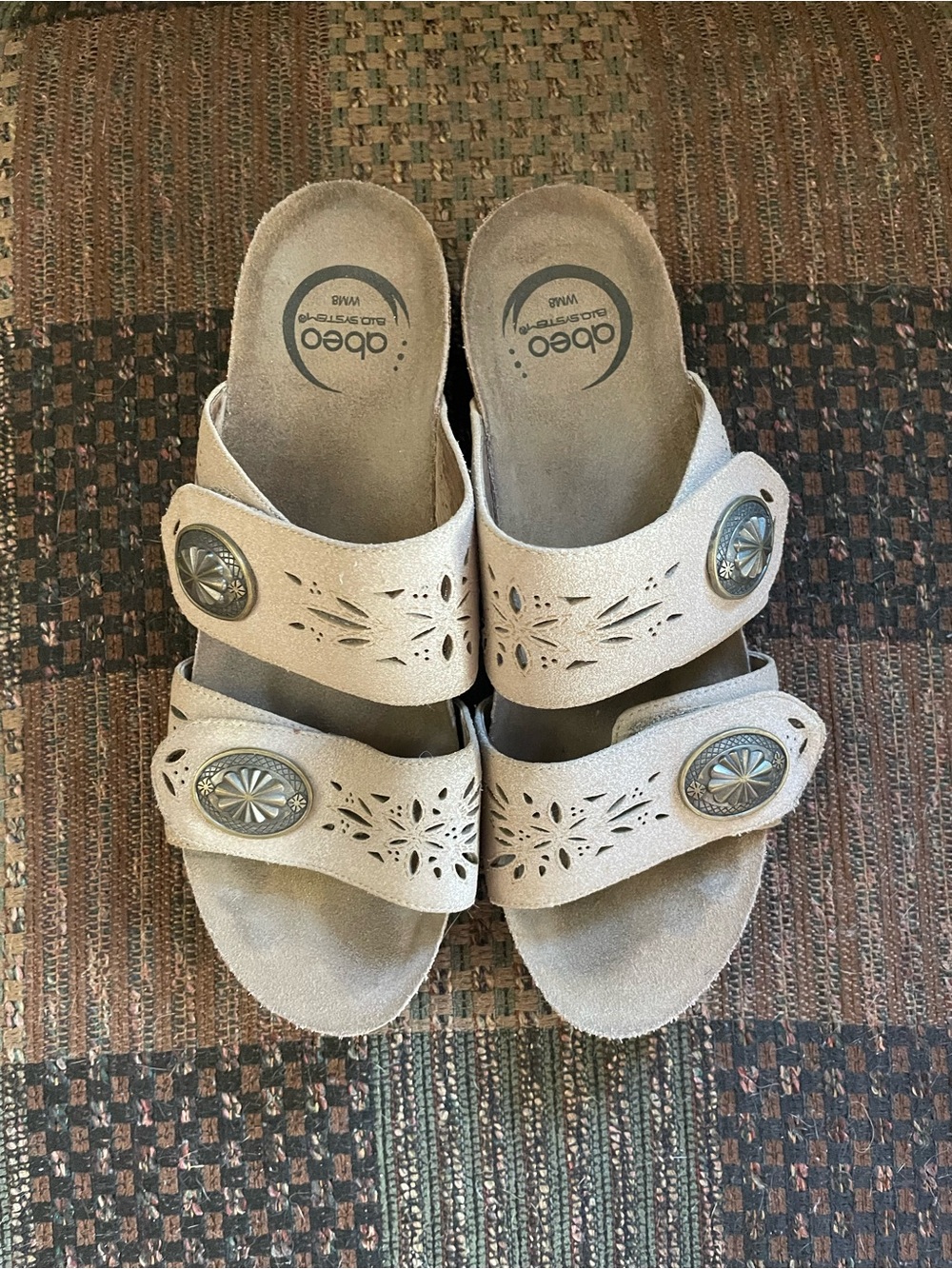Abeo Taupe Suede Slide Sandals with Decorative Conchos